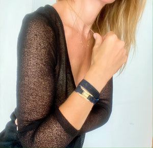 Xandra Double-Wrap Black Leather & Gold Bracelet