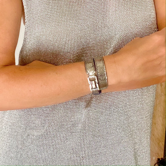 Xandra Double-Wrap Silver & Steel Leather Bracelet